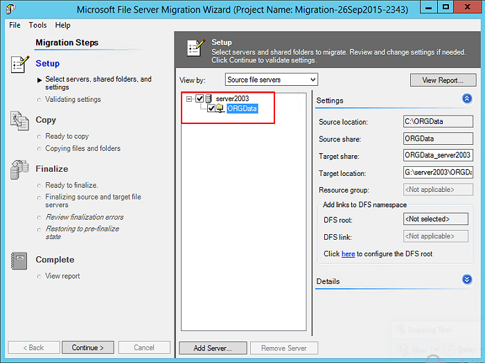 Select location on target server to import transferred files