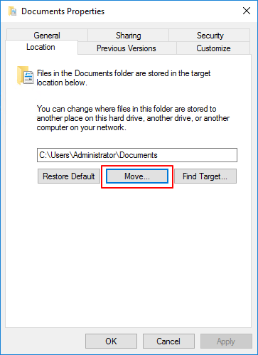 Click Move to change Documents folder location