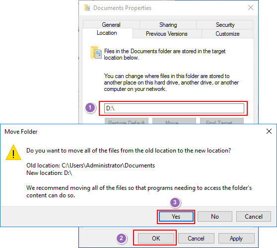 Confirm to change location of Documents from C to D