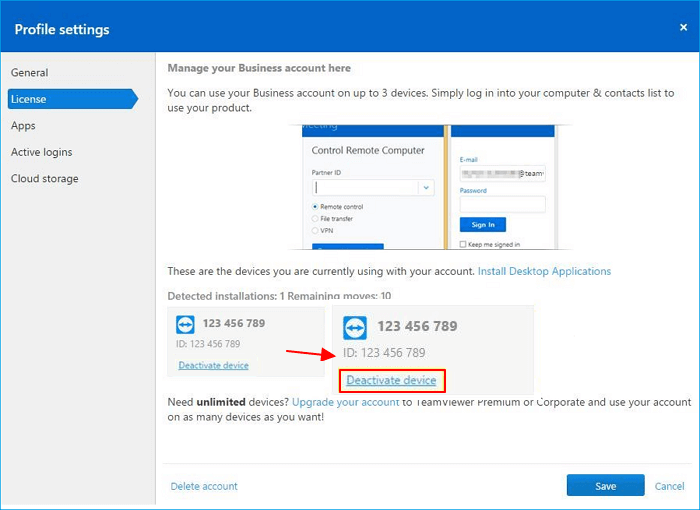 Deactivate and remove device from TeamViewer license.