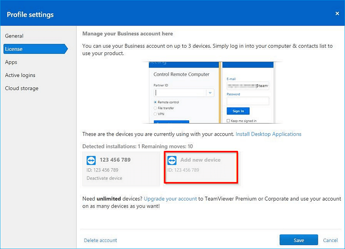 Add new computer to TeamViewer license.