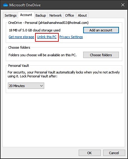unlink your onedrive with pc