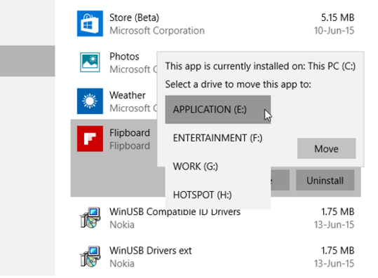 Manually move Windows 10 apps to another hard drive or partition.