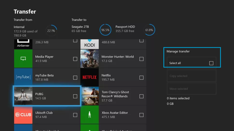 choose xbox games that you want to move to another drive