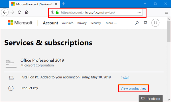 check office product key via Microsoft account