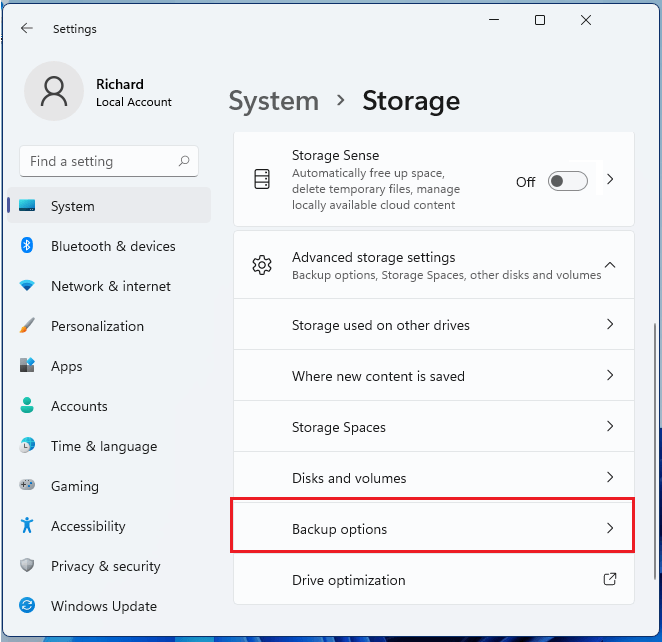 Open backup option in Windows 11