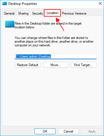 opening the location tab of the desktop folder