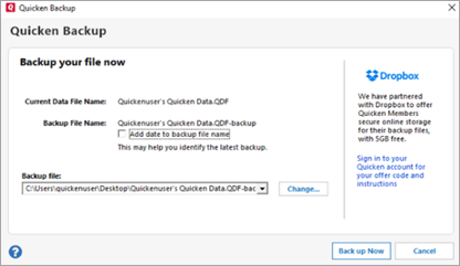quicken backup window