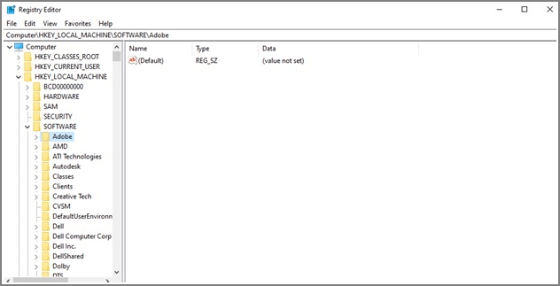 go to registry and find adobe key
