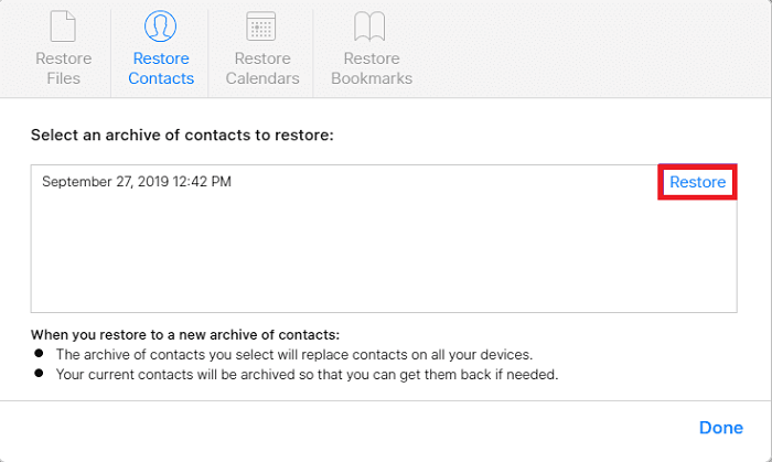 Restore Conatacts using iCloud