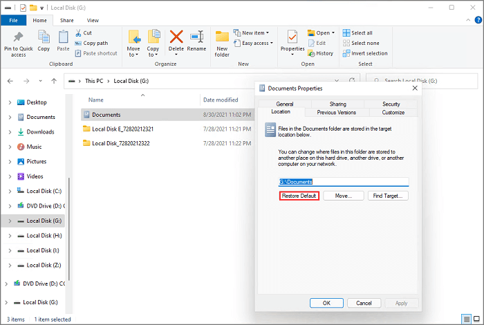 restore documents to default location windows 11