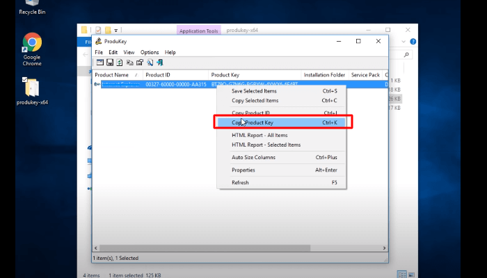 right click and select copy product key