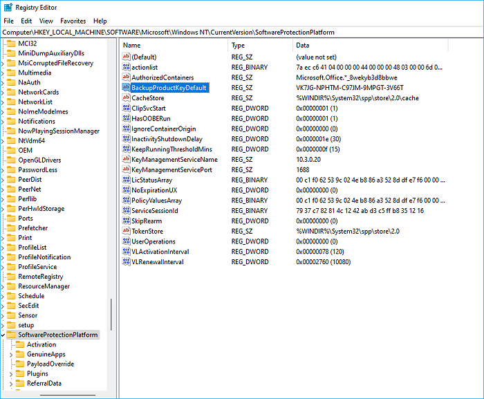 Select the Backup Product Key Default