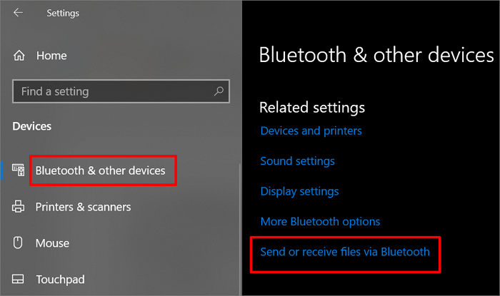 Select Send or receive files via Bluetooth 