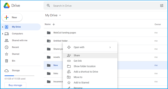 Use the Share feature to transfer files from Google Drive.
