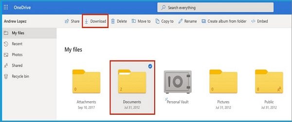 select and download files from onedrive.