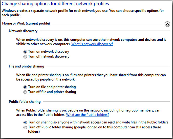 file and printer sharing section