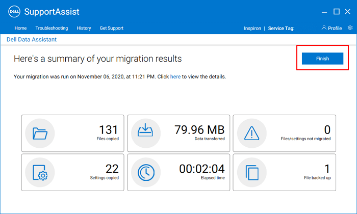 Finish transferring files from Dell PC to new PC via Dell Migrate