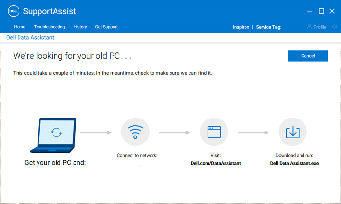 Wait for Dell Migrate to connect old PC