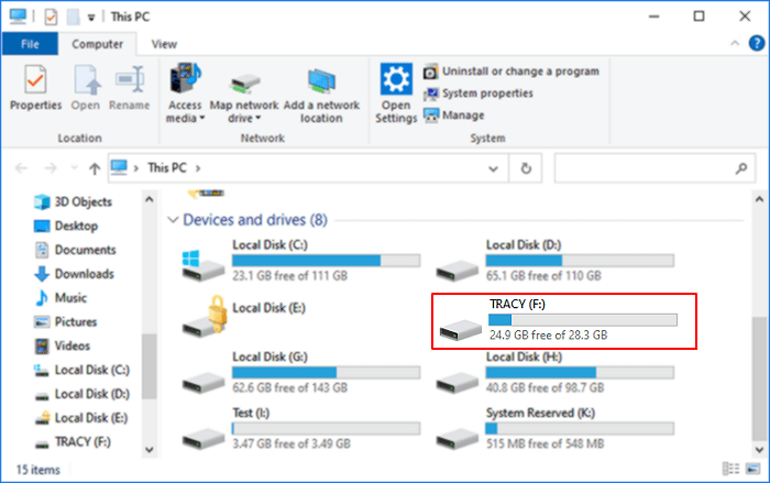 Locate USB flash drive in File Explorer