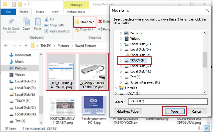 Select files and move to USB drive for file transferring to new pc