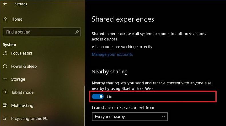 turn on nearby sharing