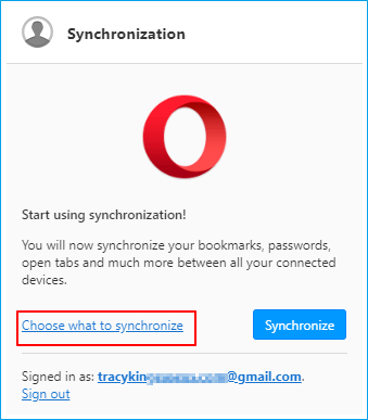 Select desired bookmarks and other settings on Opera to sync.
