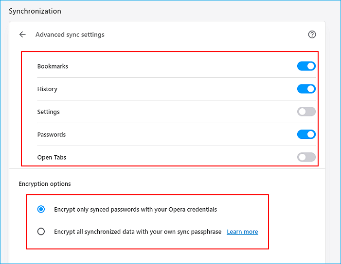 Select encryption mode for syncing.