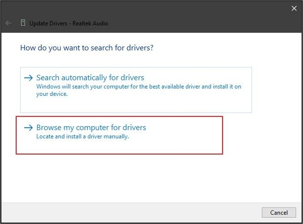 browse for drivers location