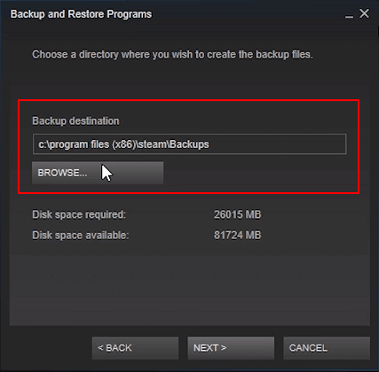 Choose location to save and back up Steam games.