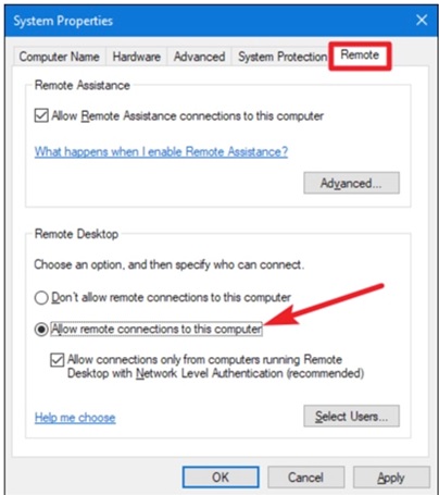 Turn on Allow Remote Connection on this Computer