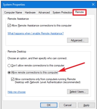 Turn on Allow Remote Connection on this Computer