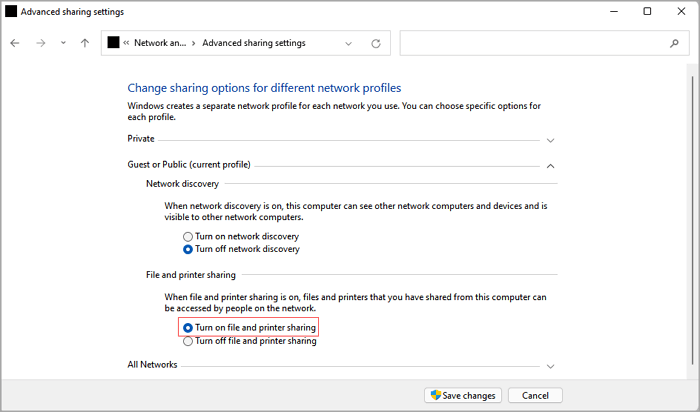 turn on file and printer sharing