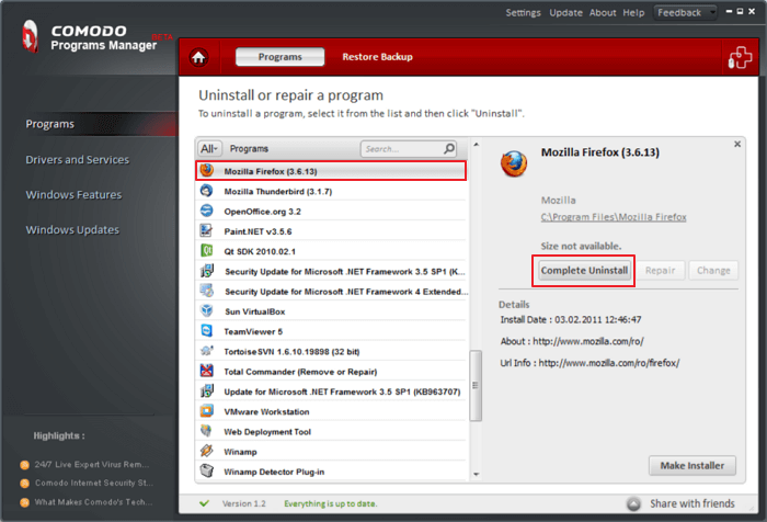Uninstall software with comodo programs manager