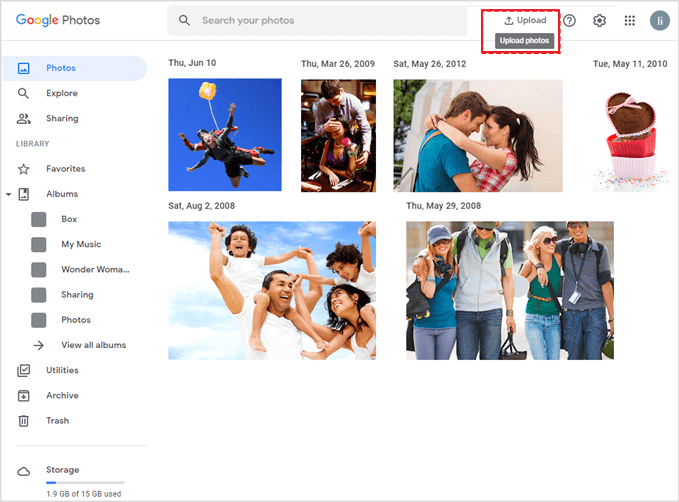 Manually upload downloaded photos from Google Drive to Google Photos