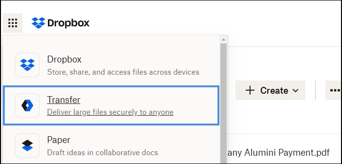 dropbox transfer menu
