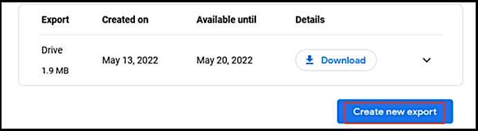 create new export in google takeout