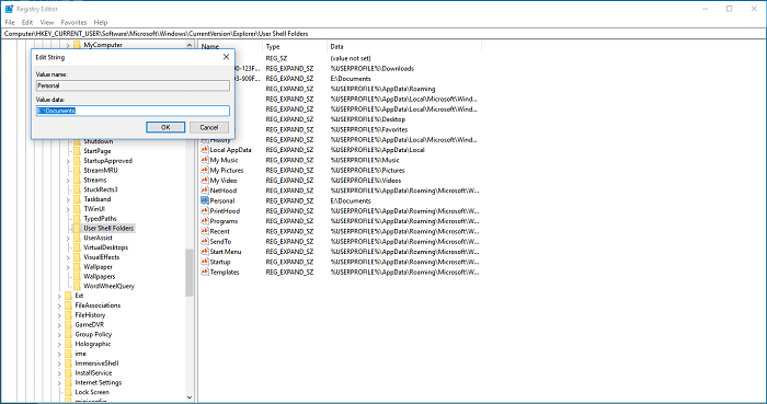 use registry editor to move user folder to another drive