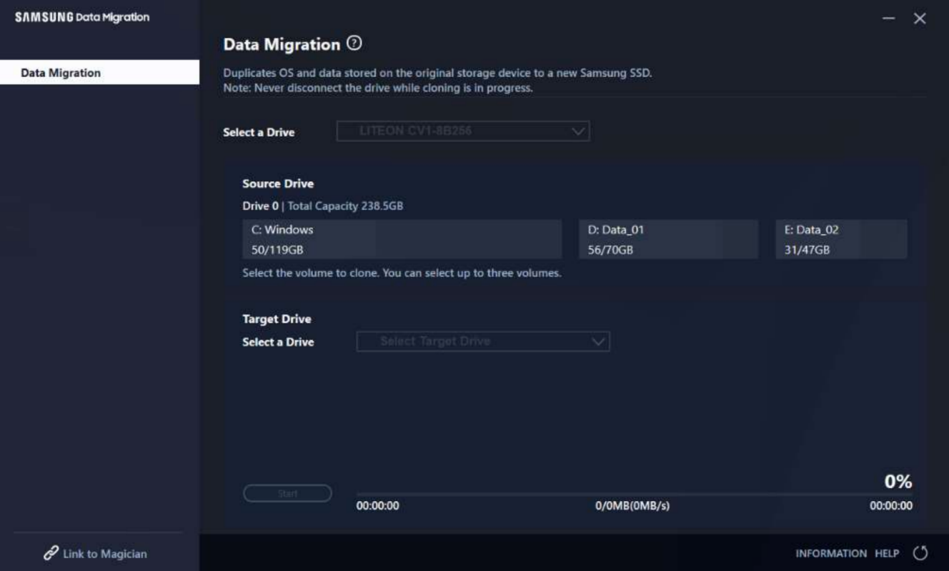 choose a target drive in samsung data migration