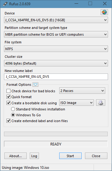Create portable Windows USB drive with Rufus