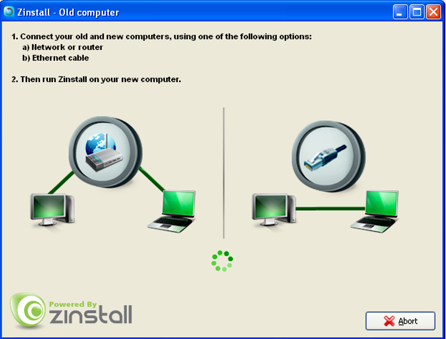 connect old computer with new computer in zinstall winiwn