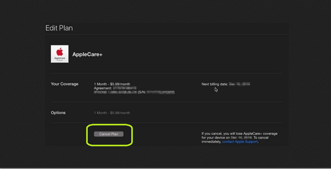cancel AppleCare on MacBook