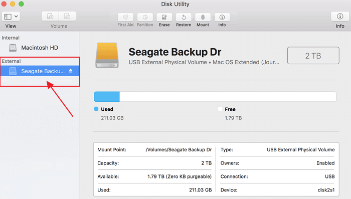 Check external hard drive state in Disk Utility
