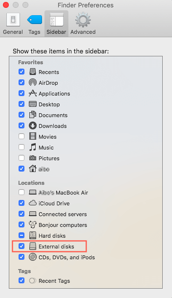 Tick External Disks in Sidebar