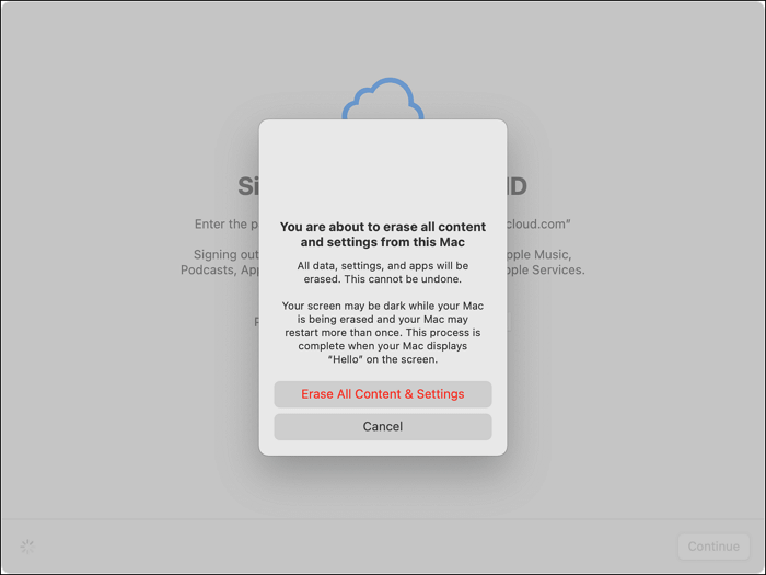 confirm to erase all the content and settings on Mac