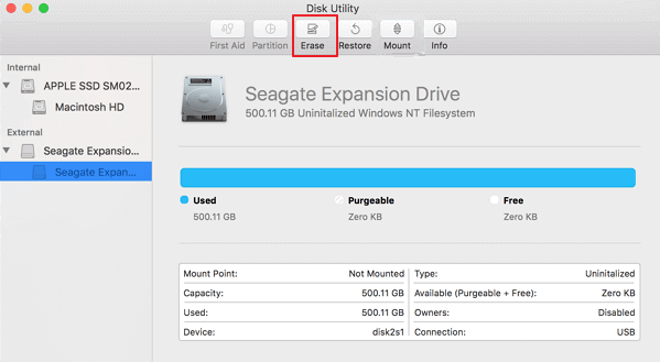 Erase unmounted external hard drive.