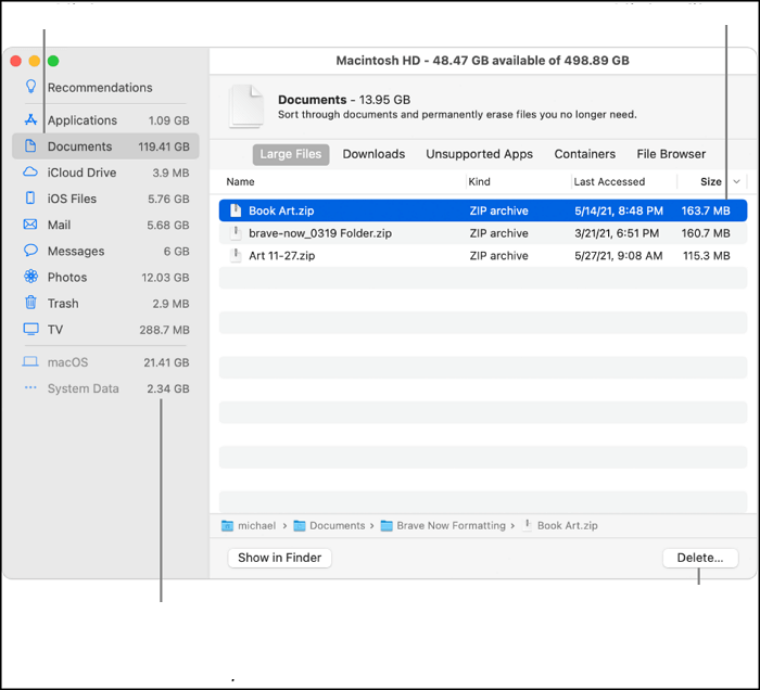 delete files with storage manager