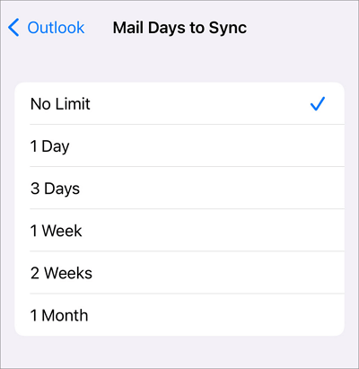 mail sync no limit settings