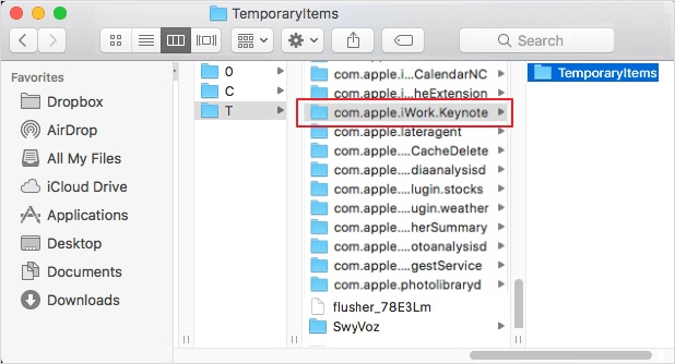 Find unsaved keynote file in temporary items