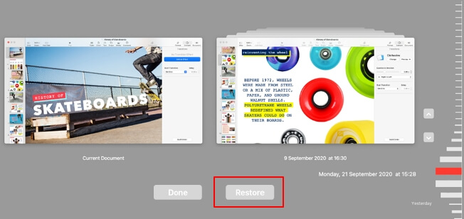 Restore unsaved keynote file from history versions